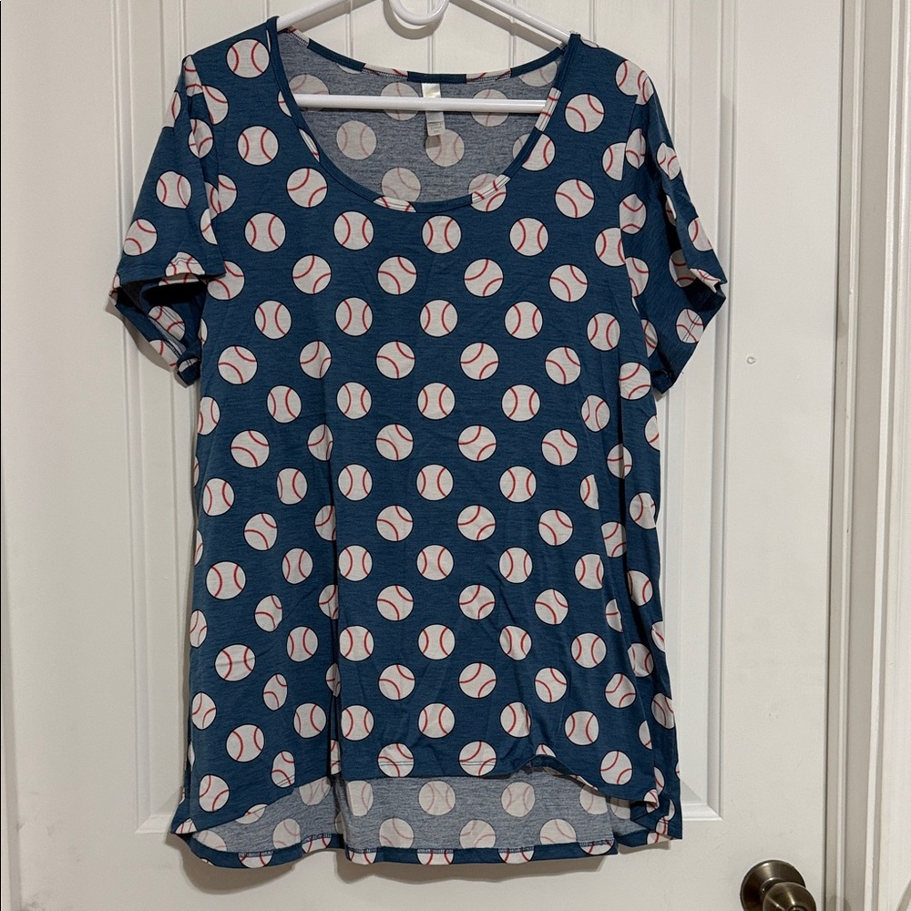 LuLaRoe Navy Blue Baseball-Print Short Sleeve Tee